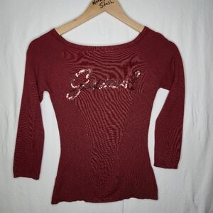 Guess Ladies Red Sequin Tee Shirt With Longer Sleeves Size Small